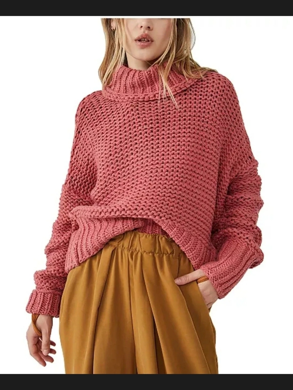 Free People Rose Pink Chunky Cowl Turtleneck Sweater S